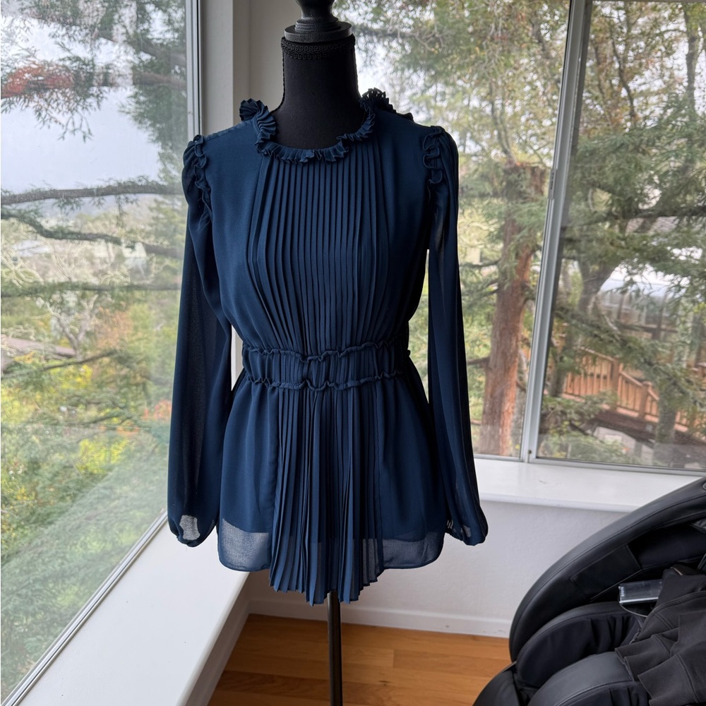 Max Studio Navy Blue Pleated Long Sleeve Blouse Top XS